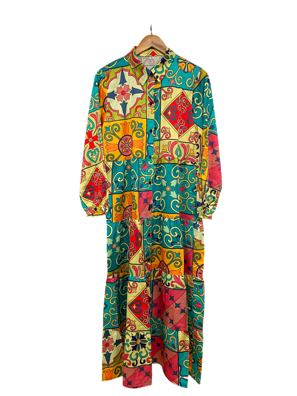 SHEIN |M| BUST 18| A42| MULTICOLOR BAROQUE TILE-PRINT TIERED UTILITY SHIRT DRESS