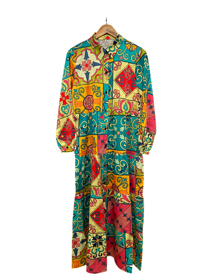 SHEIN |M| BUST 18| A42| MULTICOLOR BAROQUE TILE-PRINT TIERED UTILITY SHIRT DRESS