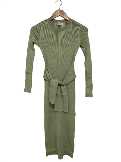 HENNE |S| BUST 13| A42| SAGE GREEN RIBBED KNIT MIDI UTILITY DRESS WITH TIE-WAIST