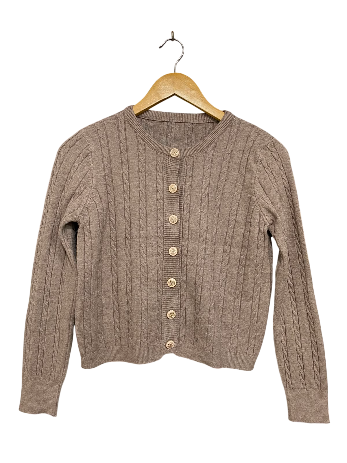 |S| BUST 17| A42| TAUPE CABLE-KNIT BUTTON-UP WINTER UTILITY CARDIGAN