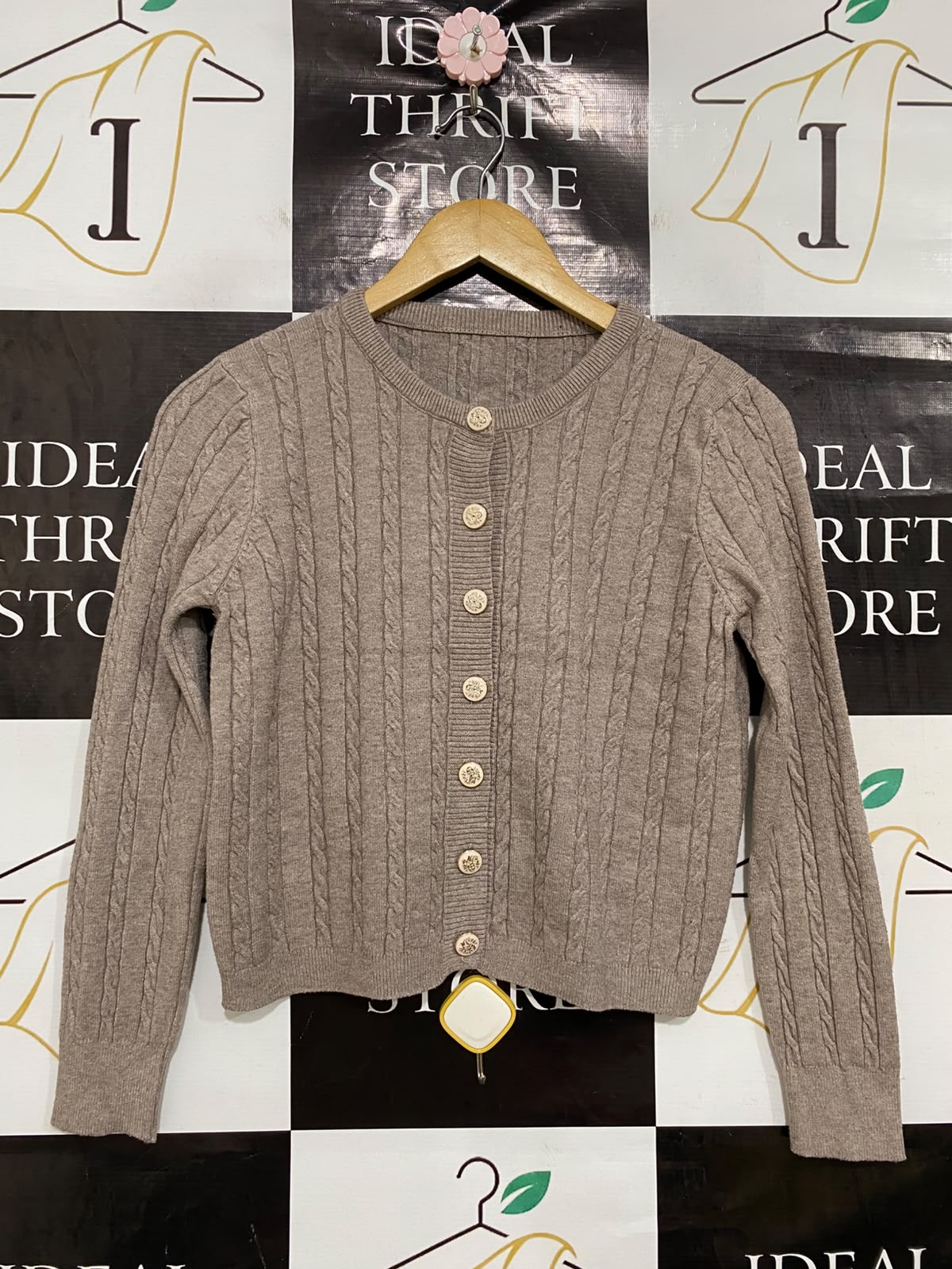 |S| BUST 17| A42| TAUPE CABLE-KNIT BUTTON-UP WINTER UTILITY CARDIGAN