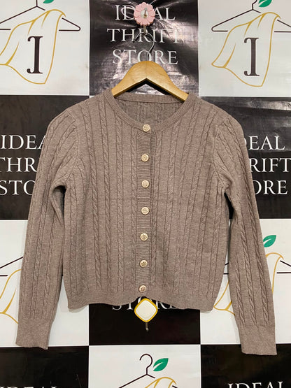 |S| BUST 17| A42| TAUPE CABLE-KNIT BUTTON-UP WINTER UTILITY CARDIGAN