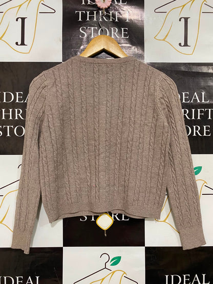 |S| BUST 17| A42| TAUPE CABLE-KNIT BUTTON-UP WINTER UTILITY CARDIGAN
