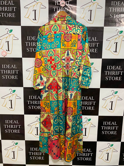 SHEIN |M| BUST 18| A42| MULTICOLOR BAROQUE TILE-PRINT TIERED UTILITY SHIRT DRESS