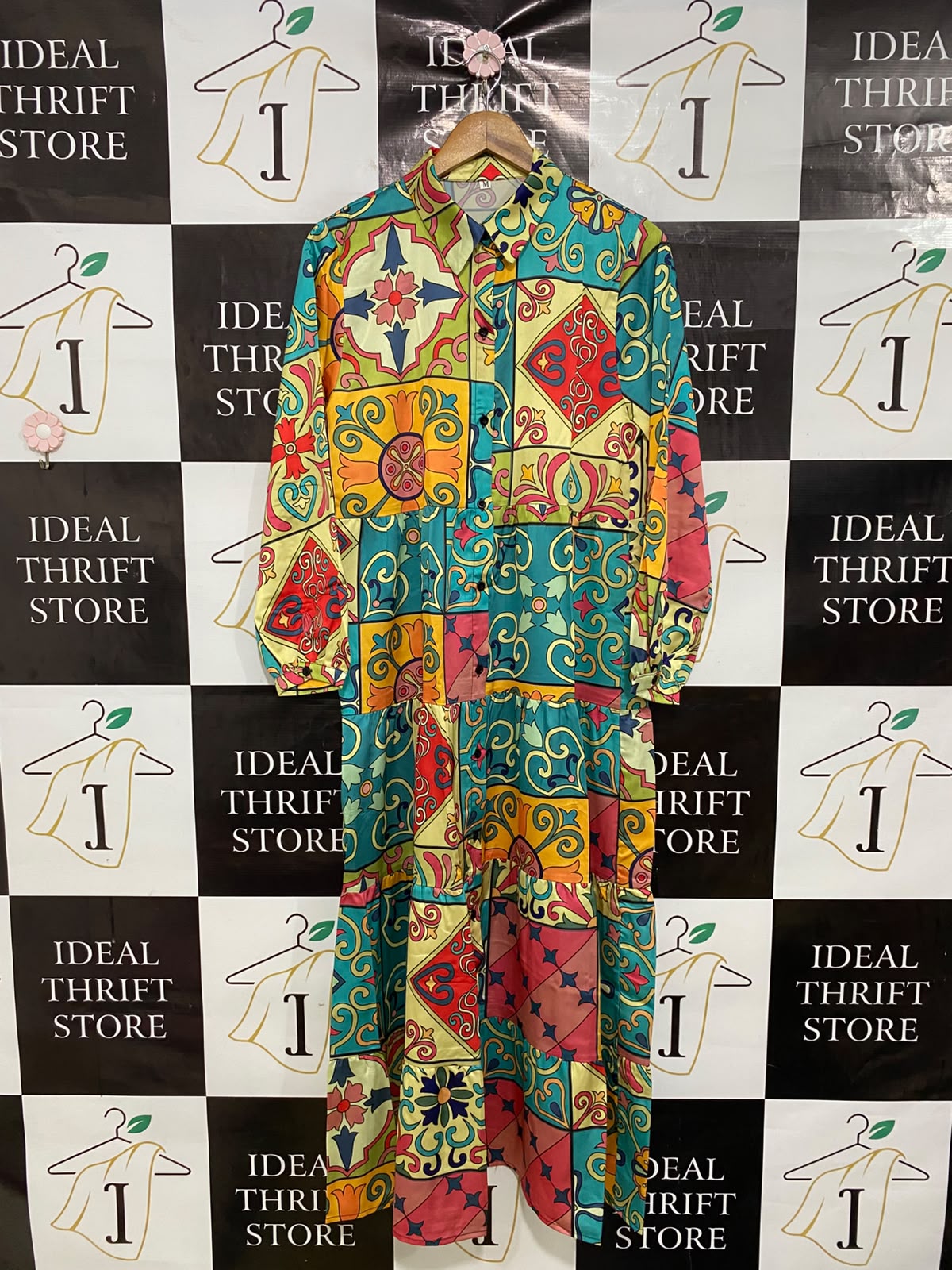 SHEIN |M| BUST 18| A42| MULTICOLOR BAROQUE TILE-PRINT TIERED UTILITY SHIRT DRESS