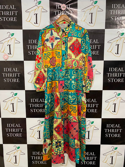 SHEIN |M| BUST 18| A42| MULTICOLOR BAROQUE TILE-PRINT TIERED UTILITY SHIRT DRESS
