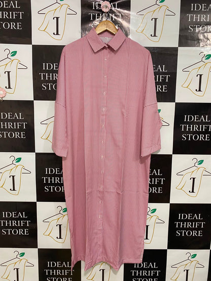 |M| BUST FREE| A42| RED AND WHITE PINSTRIPE OVERSIZED UTILITY SHIRT DRESS