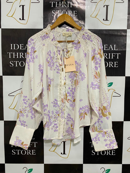 TULUA |L| BUST 20| A42| TULUA LILAC FLORAL LACE-TRIMMED UTILITY BLOUSE