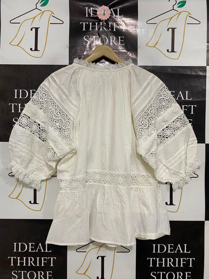 MAYE |L| BUST 20| A42| OFF-WHITE CROCHET LACE-TRIMMED UTILITY BLOUSE