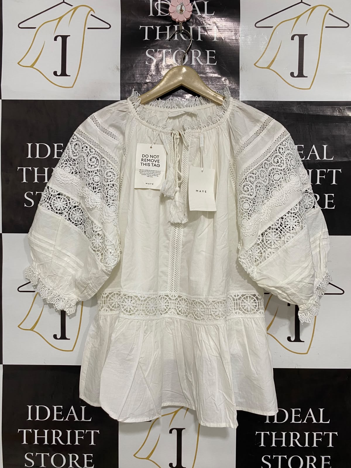 MAYE |L| BUST 20| A42| OFF-WHITE CROCHET LACE-TRIMMED UTILITY BLOUSE