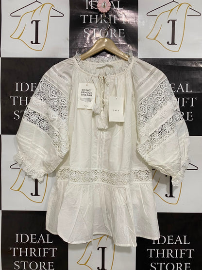 MAYE |L| BUST 20| A42| OFF-WHITE CROCHET LACE-TRIMMED UTILITY BLOUSE