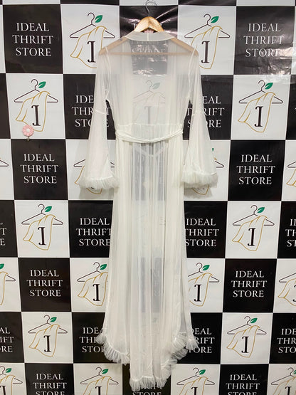 |S| BUST 18| A42| WHITE SHEER MESH RUFFLE-TRIMMED UTILITY KIMONO ROBE