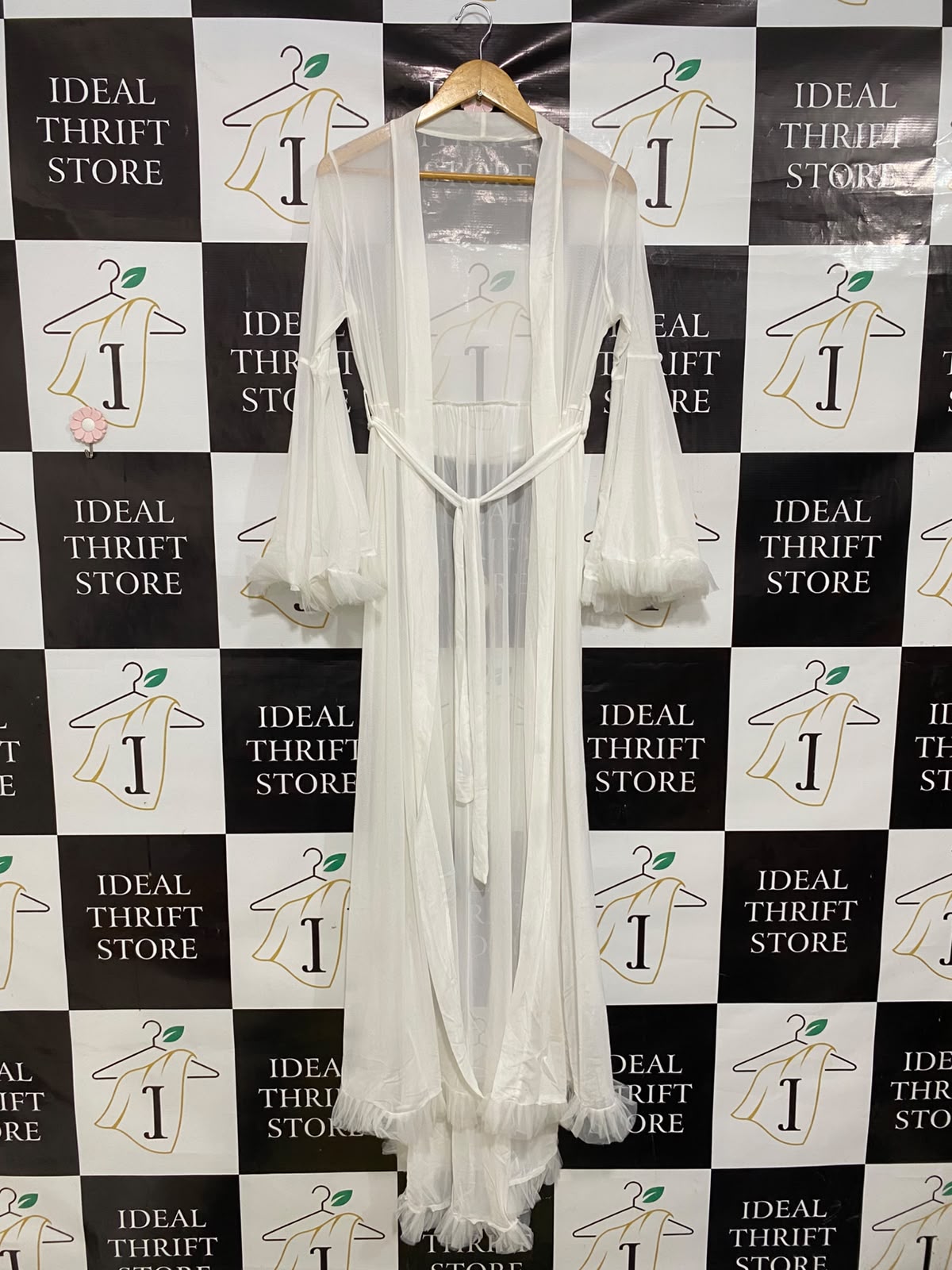|S| BUST 18| A42| WHITE SHEER MESH RUFFLE-TRIMMED UTILITY KIMONO ROBE
