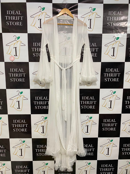 |S| BUST 18| A42| WHITE SHEER MESH RUFFLE-TRIMMED UTILITY KIMONO ROBE