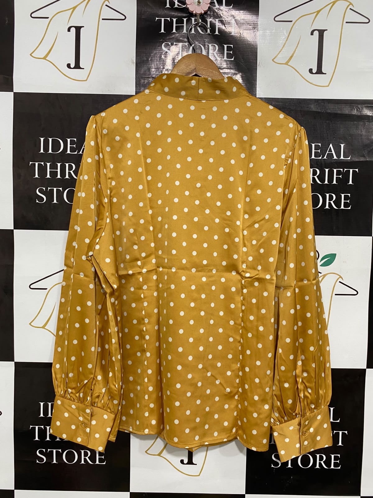 BELLE POQUE |XL| BUST 23| A42| MUSTARD AND WHITE POLKA-DOT TIE-NECK UTILITY BLOUSE