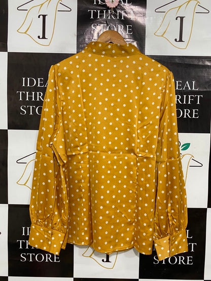 BELLE POQUE |XL| BUST 23| A42| MUSTARD AND WHITE POLKA-DOT TIE-NECK UTILITY BLOUSE