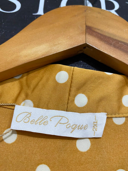 BELLE POQUE |XL| BUST 23| A42| MUSTARD AND WHITE POLKA-DOT TIE-NECK UTILITY BLOUSE