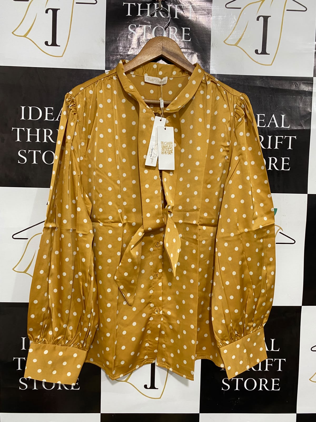 BELLE POQUE |XL| BUST 23| A42| MUSTARD AND WHITE POLKA-DOT TIE-NECK UTILITY BLOUSE