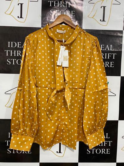 BELLE POQUE |XL| BUST 23| A42| MUSTARD AND WHITE POLKA-DOT TIE-NECK UTILITY BLOUSE