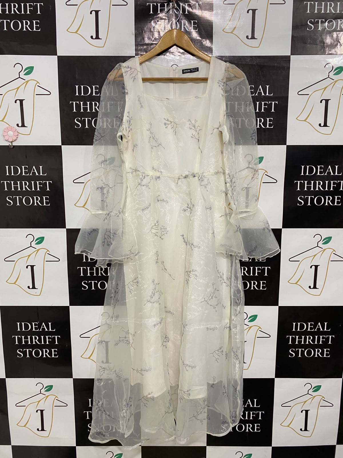 SHEIN |M| BUST 16| A42| OFF-WHITE SHEER FLORAL MESH LAYERED UTILITY MIDI DRESS