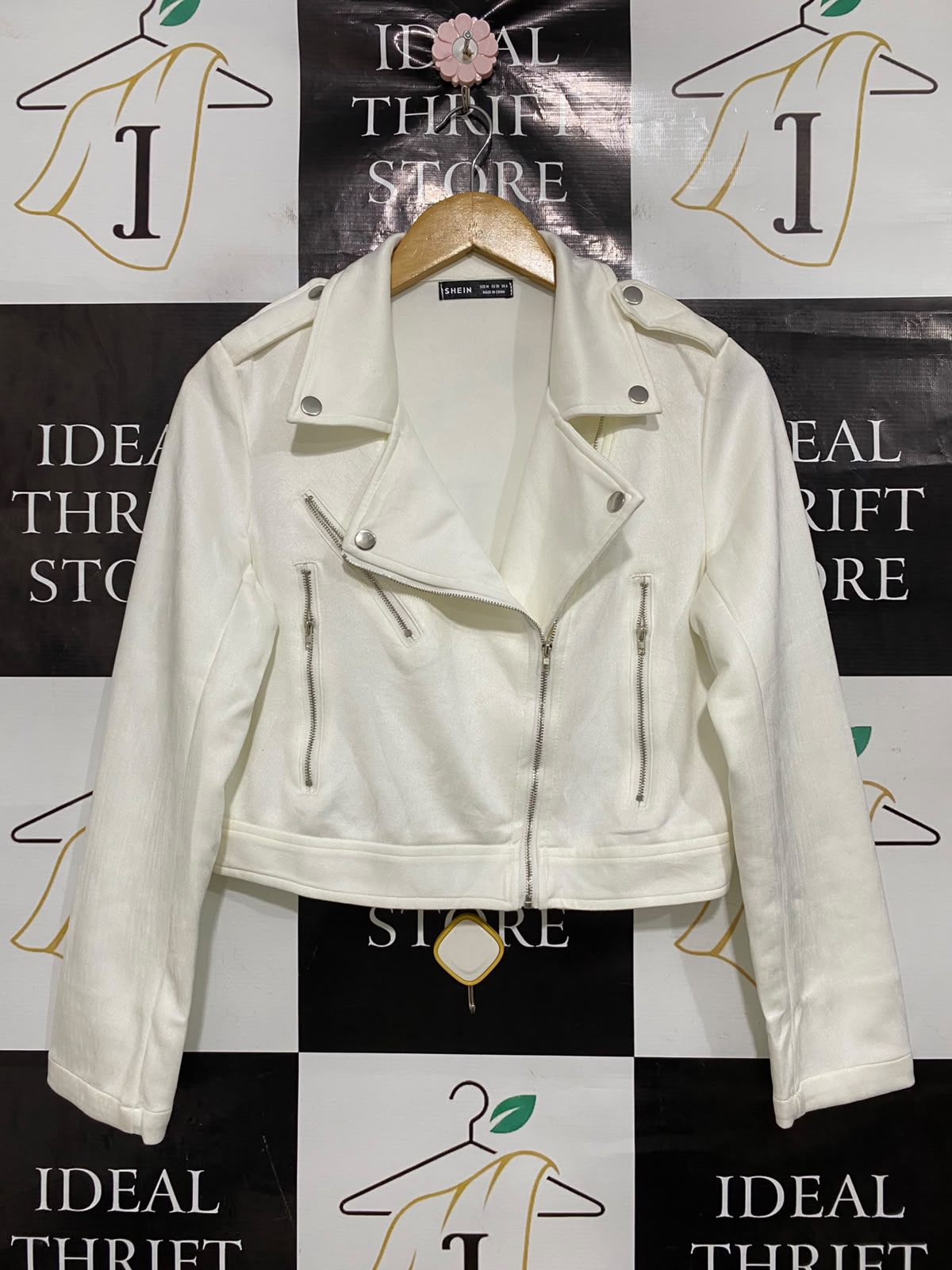 SHEIN |M| BUST 17| A42| OFF-WHITE CROPPED BIKER UTILITY JACKET