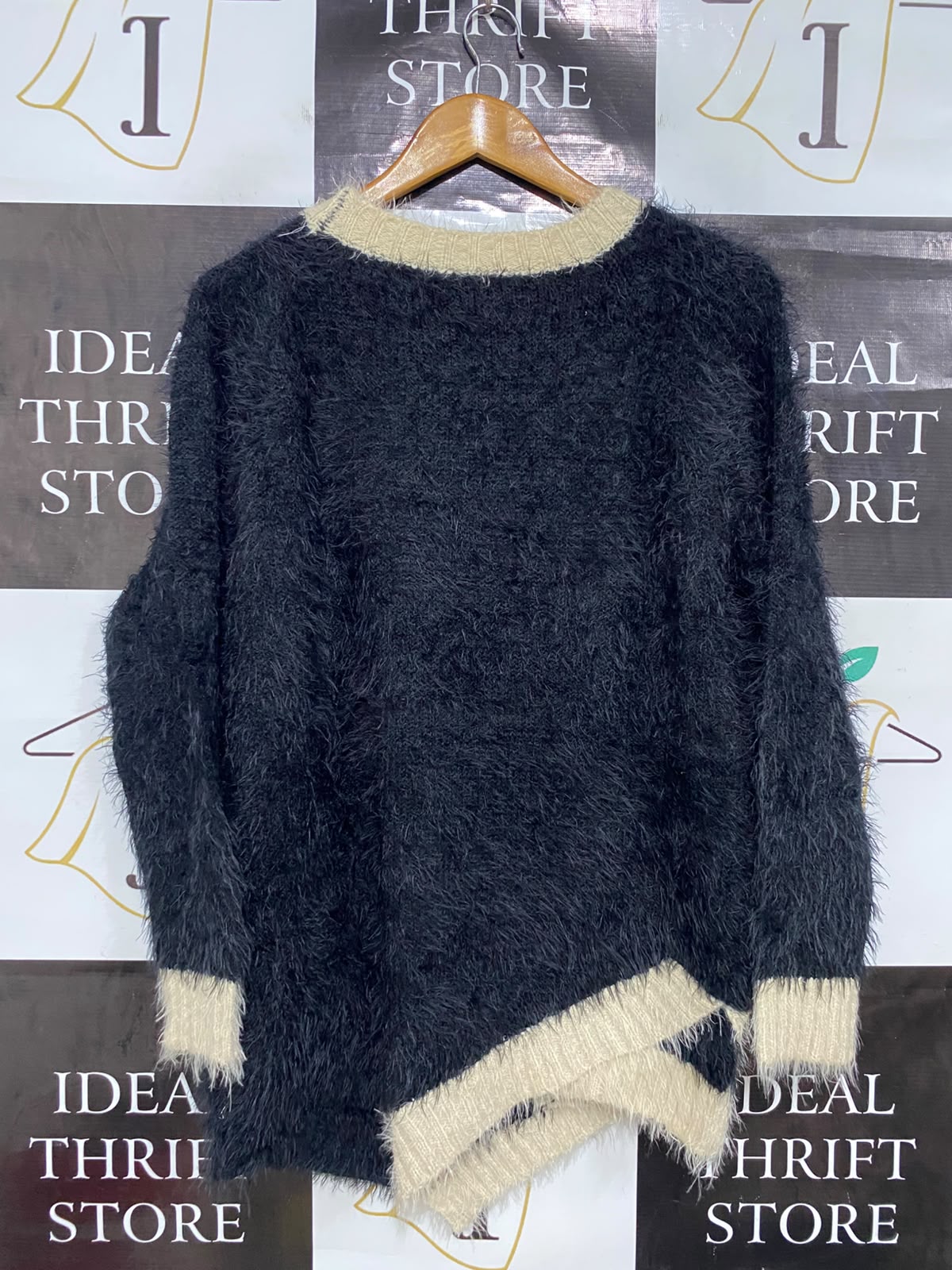 TULIPS |M/L| BUST 20| A42| BLACK FLUFFY KNIT SWEATER WITH 3D FLORAL AND SEQUIN EMBELLISHMENT