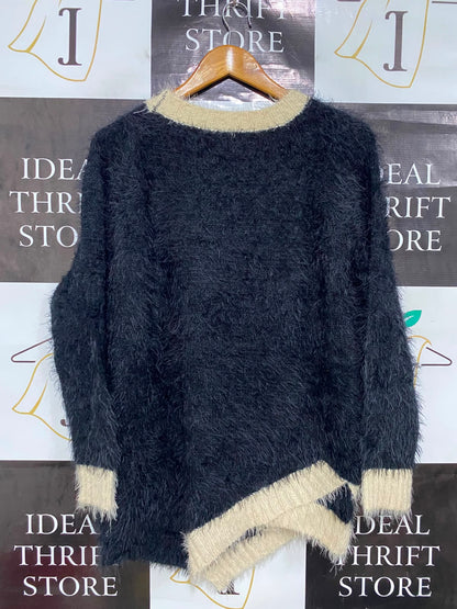 TULIPS |M/L| BUST 20| A42| BLACK FLUFFY KNIT SWEATER WITH 3D FLORAL AND SEQUIN EMBELLISHMENT