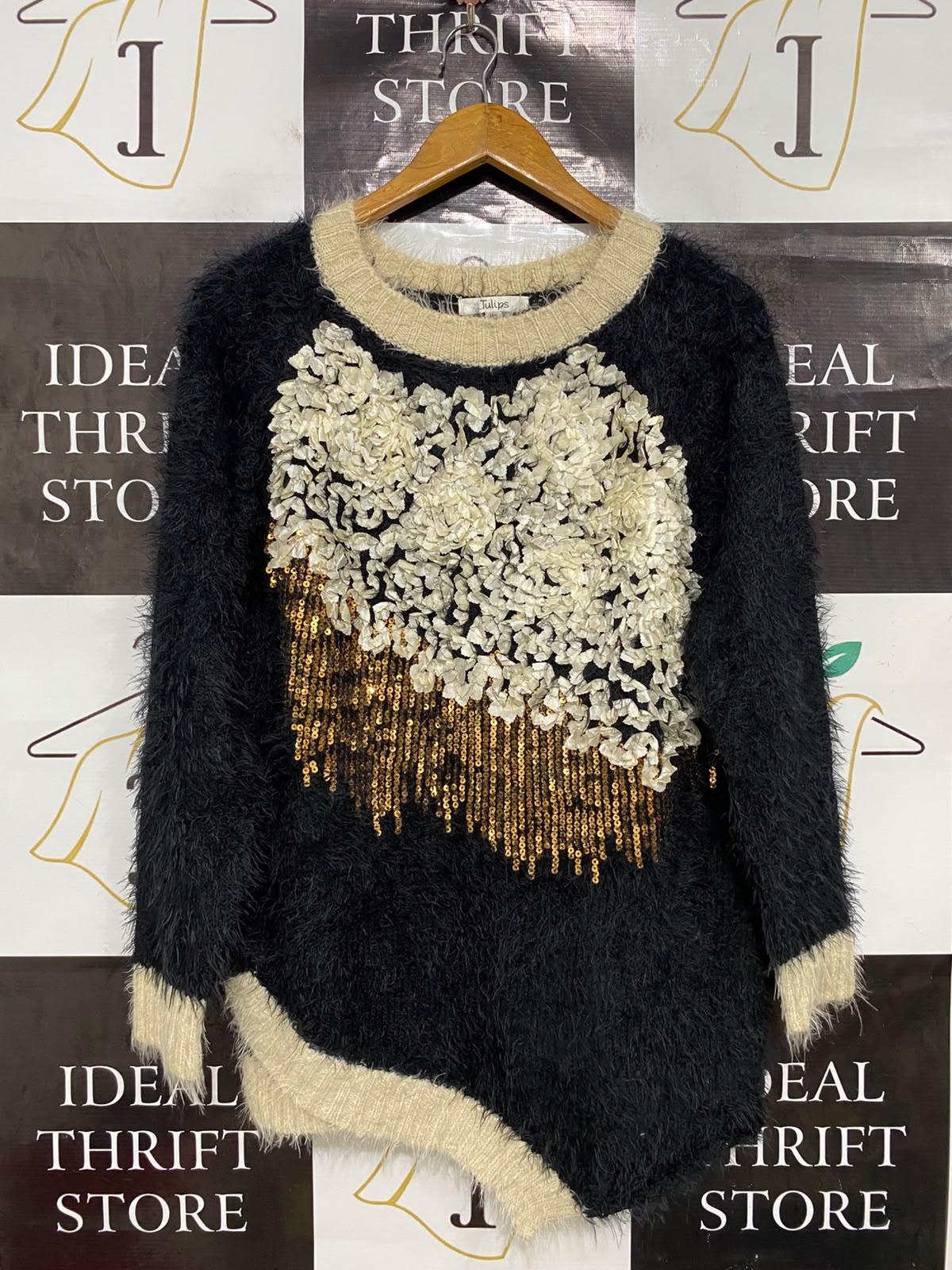 TULIPS |M/L| BUST 20| A42| BLACK FLUFFY KNIT SWEATER WITH 3D FLORAL AND SEQUIN EMBELLISHMENT