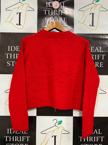 MEILING |L| BUST 20| A42| VIBRANT RED TEXTURED KNIT BUTTON-UP UTILITY CARDIGAN