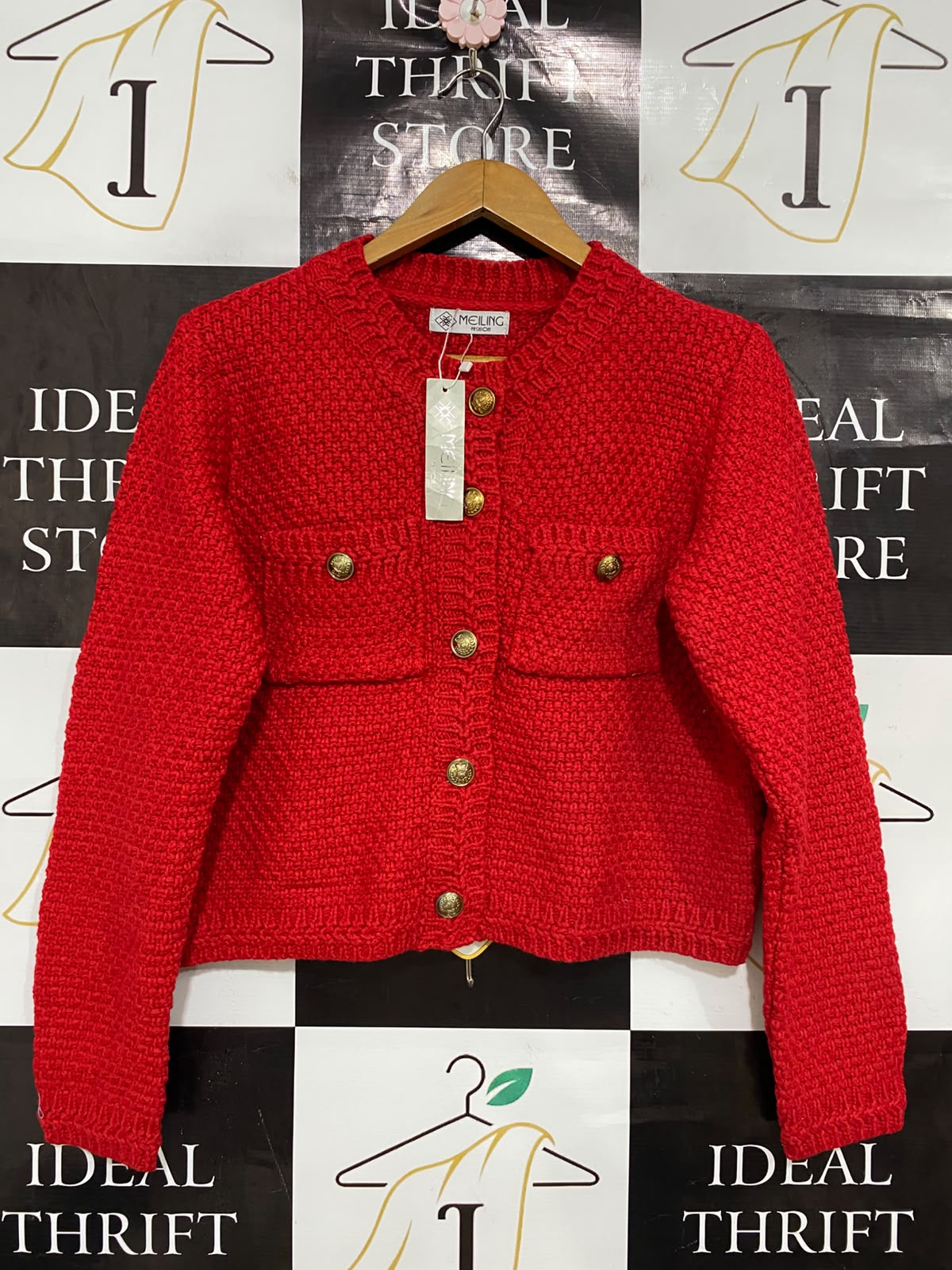 MEILING |L| BUST 20| A42| VIBRANT RED TEXTURED KNIT BUTTON-UP UTILITY CARDIGAN