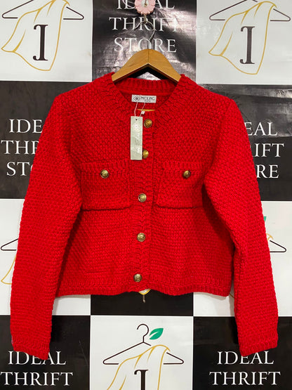 MEILING |L| BUST 20| A42| VIBRANT RED TEXTURED KNIT BUTTON-UP UTILITY CARDIGAN