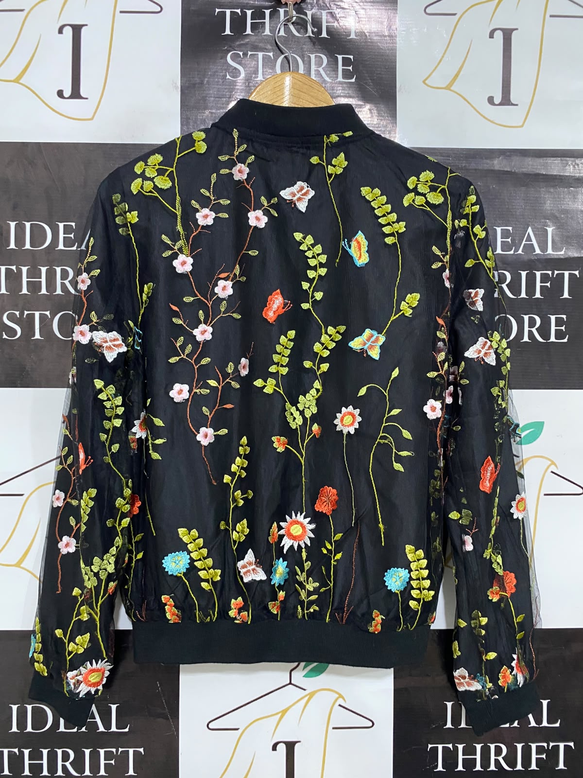 GEORGE |L| BUST 19| A42| BLACK FLORAL EMBROIDERED MESH BOMBER UTILITY JACKET