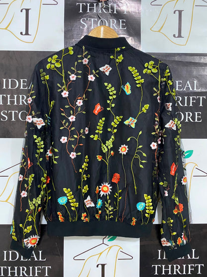 GEORGE |L| BUST 19| A42| BLACK FLORAL EMBROIDERED MESH BOMBER UTILITY JACKET