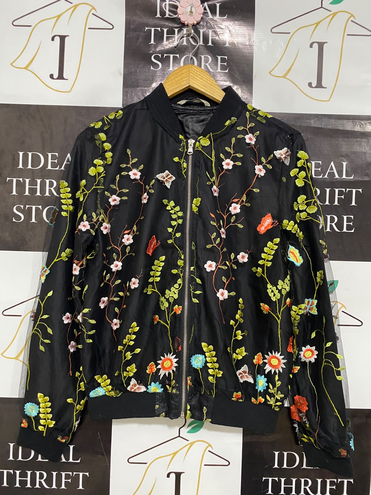 GEORGE |L| BUST 19| A42| BLACK FLORAL EMBROIDERED MESH BOMBER UTILITY JACKET