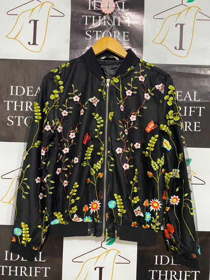 GEORGE |L| BUST 19| A42| BLACK FLORAL EMBROIDERED MESH BOMBER UTILITY JACKET