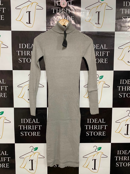 BRAVE SOUL |S| BUST 12| A42| GREY RIBBED KNIT TURTLENECK UTILITY MIDI DRESS