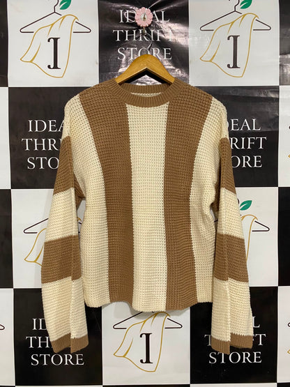 SHEIN |M| BUST 19| A42| CAMEL AND CREAM VERTICAL STRIPED WAFFLE-KNIT UTILITY SWEATER