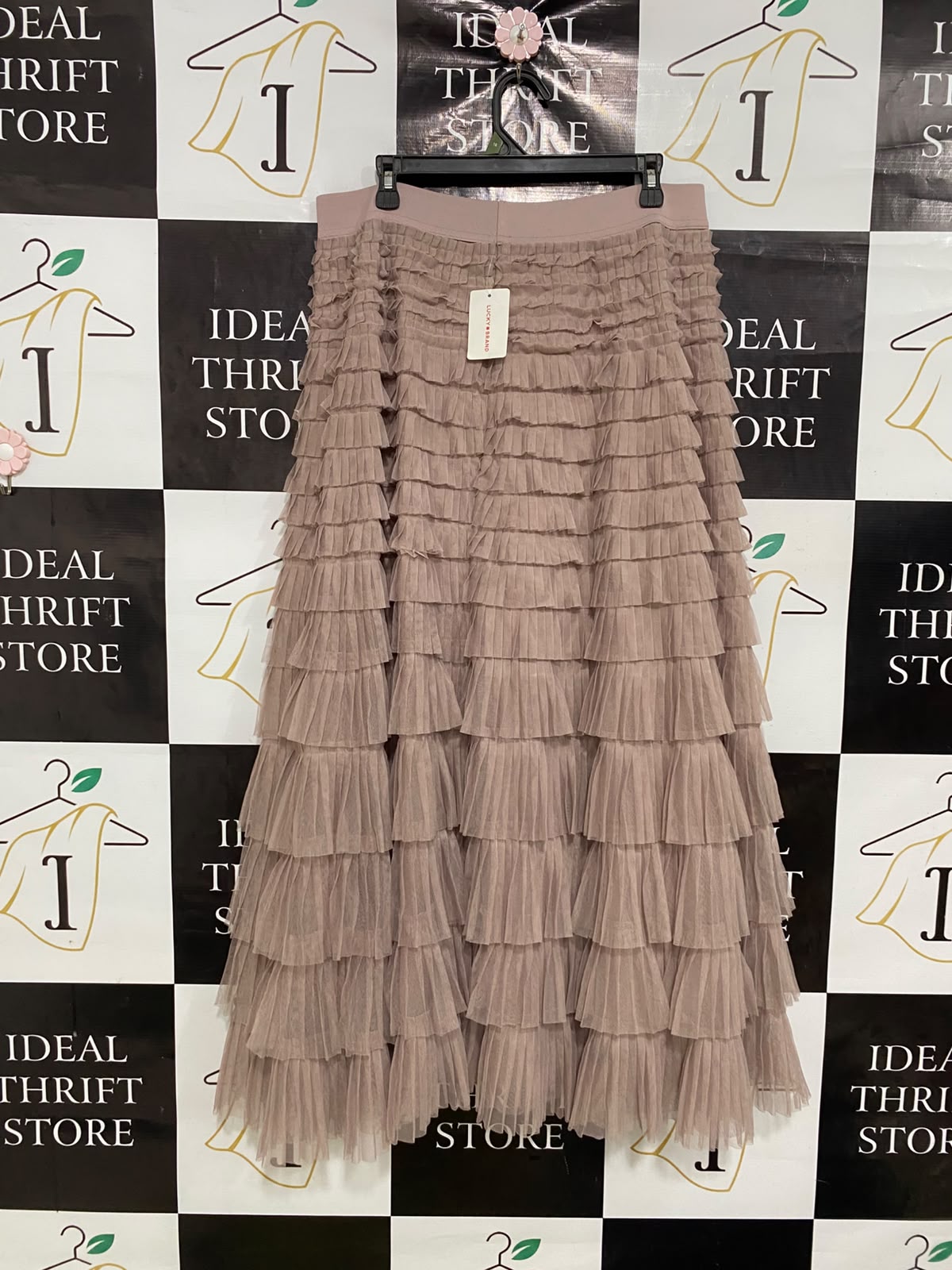 LUCKY BRAND |L| WAIST 32| A41 | DUSTY TAUPE MULTI-TIERED RUFFLED MESH UTILITY MAXI SKIRT