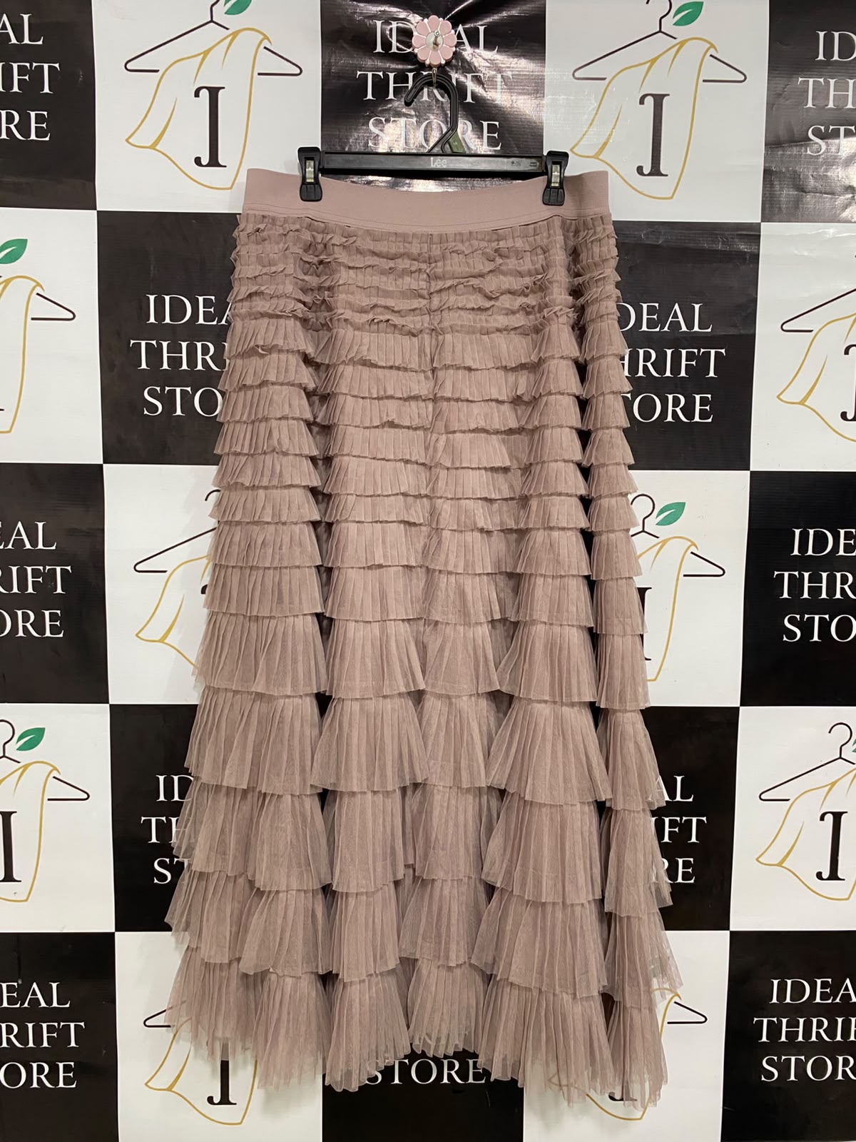 LUCKY BRAND |L| WAIST 32| A41 | DUSTY TAUPE MULTI-TIERED RUFFLED MESH UTILITY MAXI SKIRT