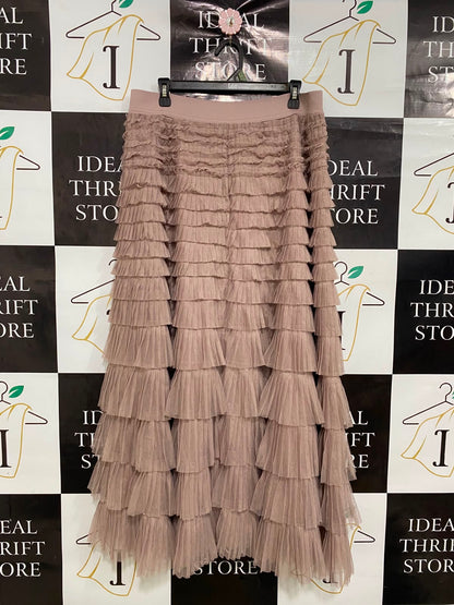 LUCKY BRAND |L| WAIST 32| A41 | DUSTY TAUPE MULTI-TIERED RUFFLED MESH UTILITY MAXI SKIRT