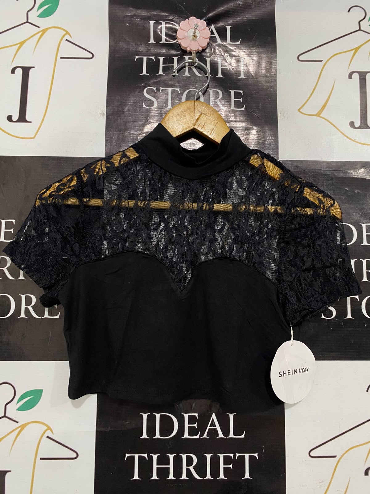 SHEIN |M| BUST 14| A41| VCAY BLACK LACE YOKE MOCK-NECK UTILITY CROP TOP
