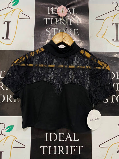 SHEIN |M| BUST 14| A41| VCAY BLACK LACE YOKE MOCK-NECK UTILITY CROP TOP