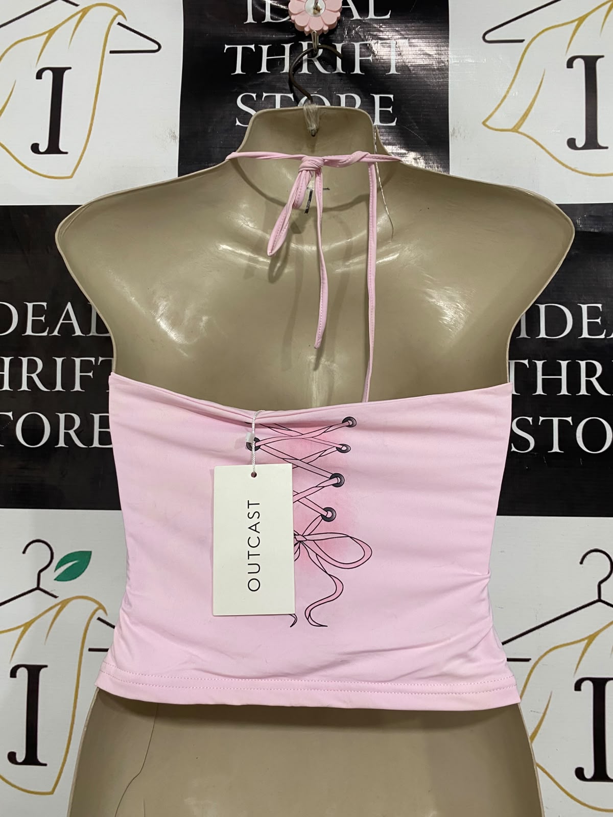 OUTCAST |M| BUST 14| A41| LIGHT PINK "DELUSIONAL" RHINESTONE CAMI UTILITY CROP TOP