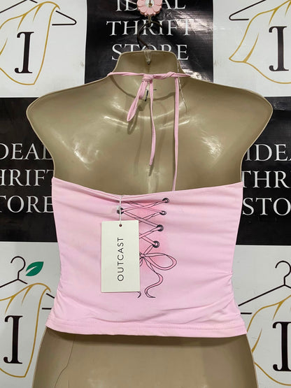 OUTCAST |M| BUST 14| A41| LIGHT PINK "DELUSIONAL" RHINESTONE CAMI UTILITY CROP TOP