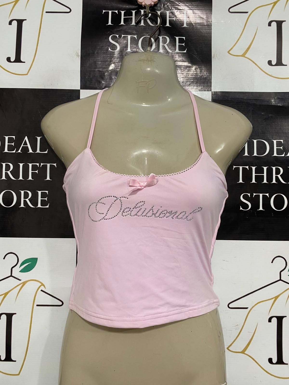 OUTCAST |M| BUST 14| A41| LIGHT PINK "DELUSIONAL" RHINESTONE CAMI UTILITY CROP TOP