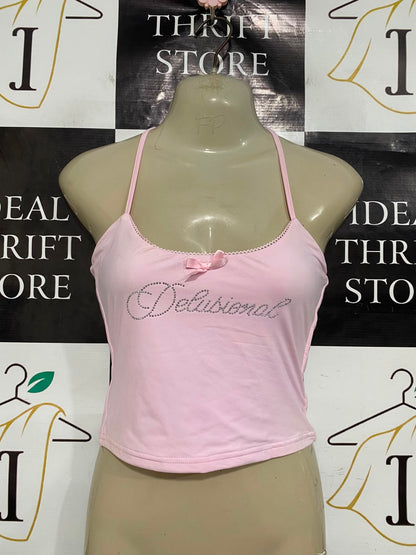 OUTCAST |M| BUST 14| A41| LIGHT PINK "DELUSIONAL" RHINESTONE CAMI UTILITY CROP TOP