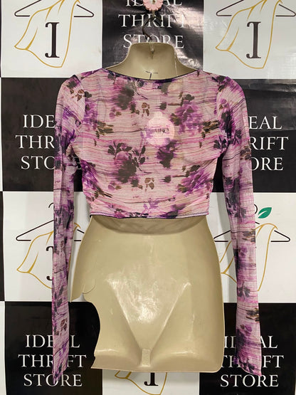 ALLY |M| BUST 16| A41| PURPLE FLORAL MESH CORSET-STYLE UTILITY CROP TOP