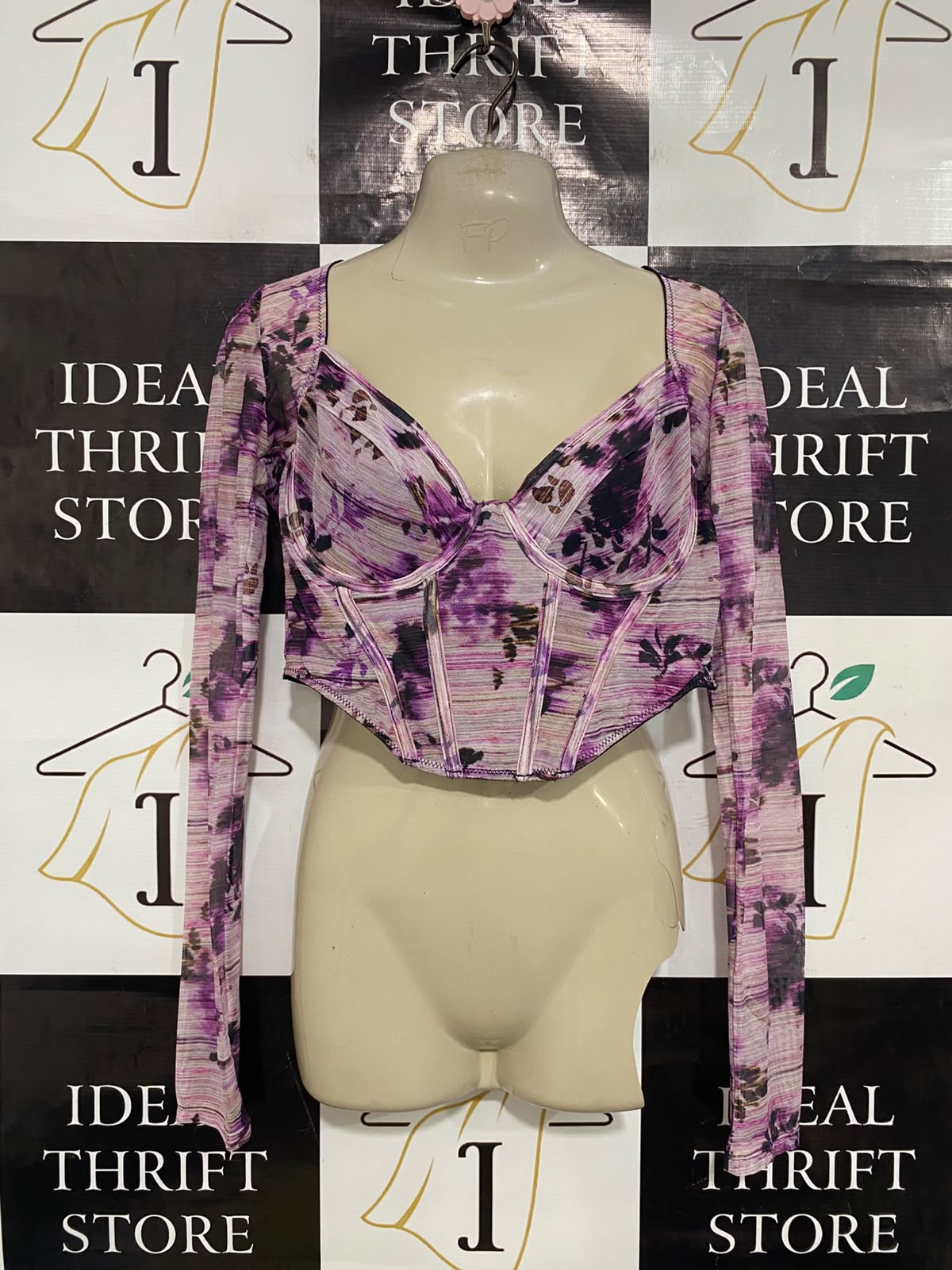 ALLY |M| BUST 16| A41| PURPLE FLORAL MESH CORSET-STYLE UTILITY CROP TOP