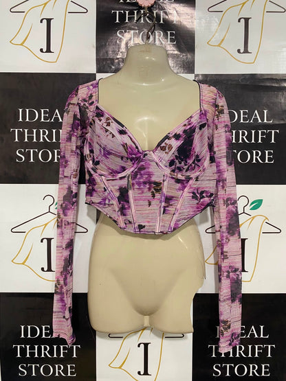 ALLY |M| BUST 16| A41| PURPLE FLORAL MESH CORSET-STYLE UTILITY CROP TOP