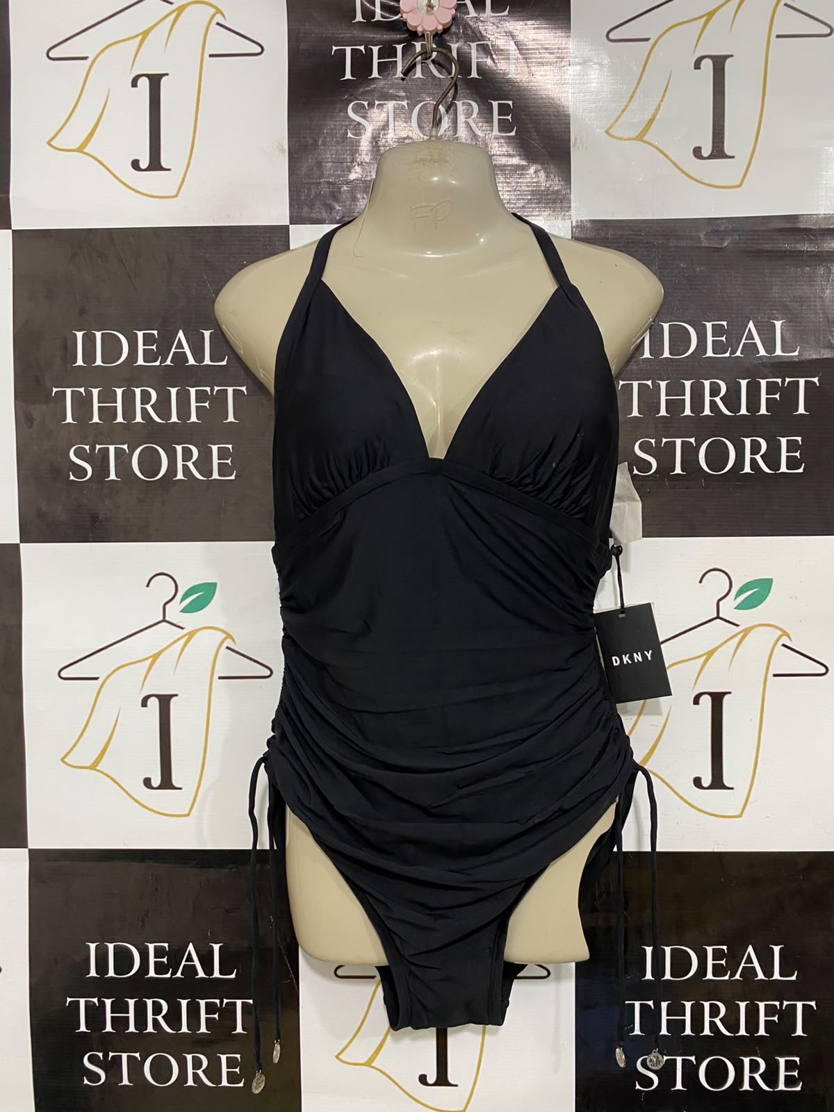DKNY |S| BUST 15| A41| BLACK HALTER RUCHED UTILITY ONE-PIECE SWIMSUIT